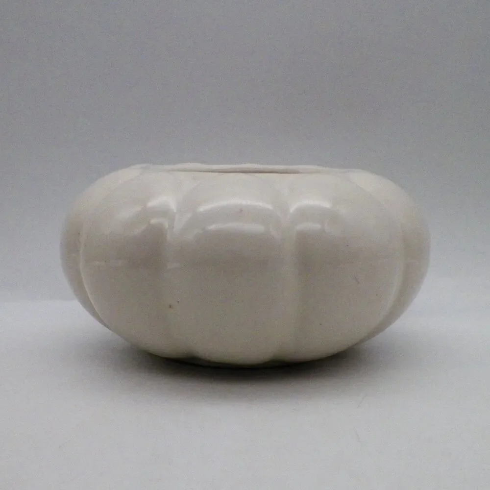 Mid Century Modern Ribbed Melon Planter White Glazed Ceramic Vintage